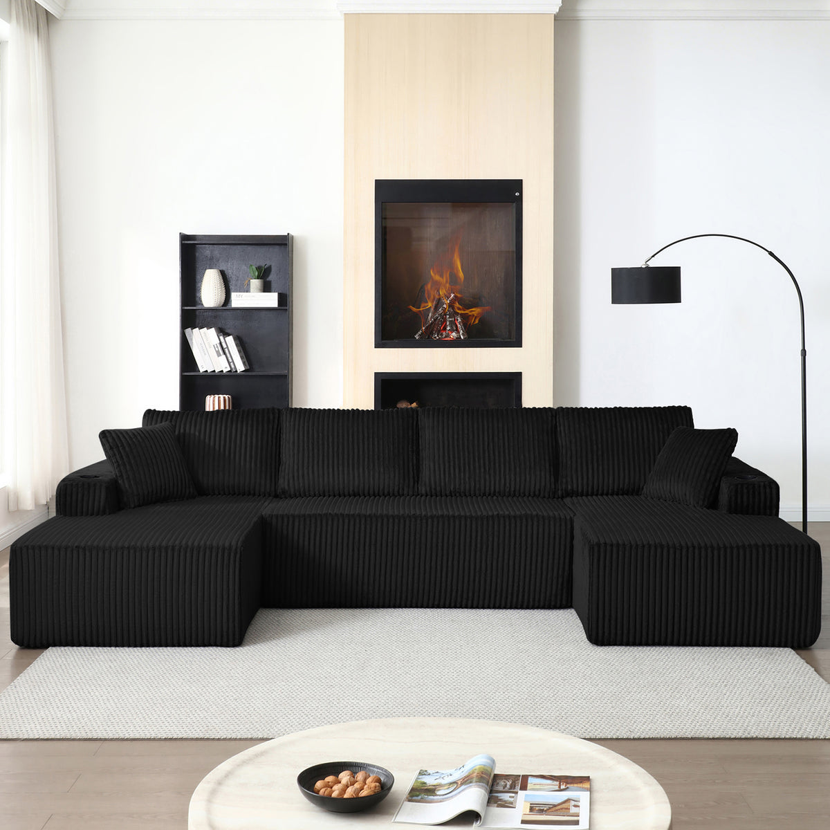 Vanress 132" Oversized Cloud Boneless Sofa Couch, Modern Corduroy U Shaped Modular Sectional Sofa with Deep Seat, Comfy Couch with Cupholders and Storage, for Living Room, No Assembly Required, Black