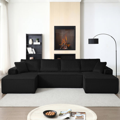 Vanress 132" Oversized Cloud Boneless Sofa Couch, Modern Corduroy U Shaped Modular Sectional Sofa with Deep Seat, Comfy Couch with Cupholders and Storage, for Living Room, No Assembly Required, Black