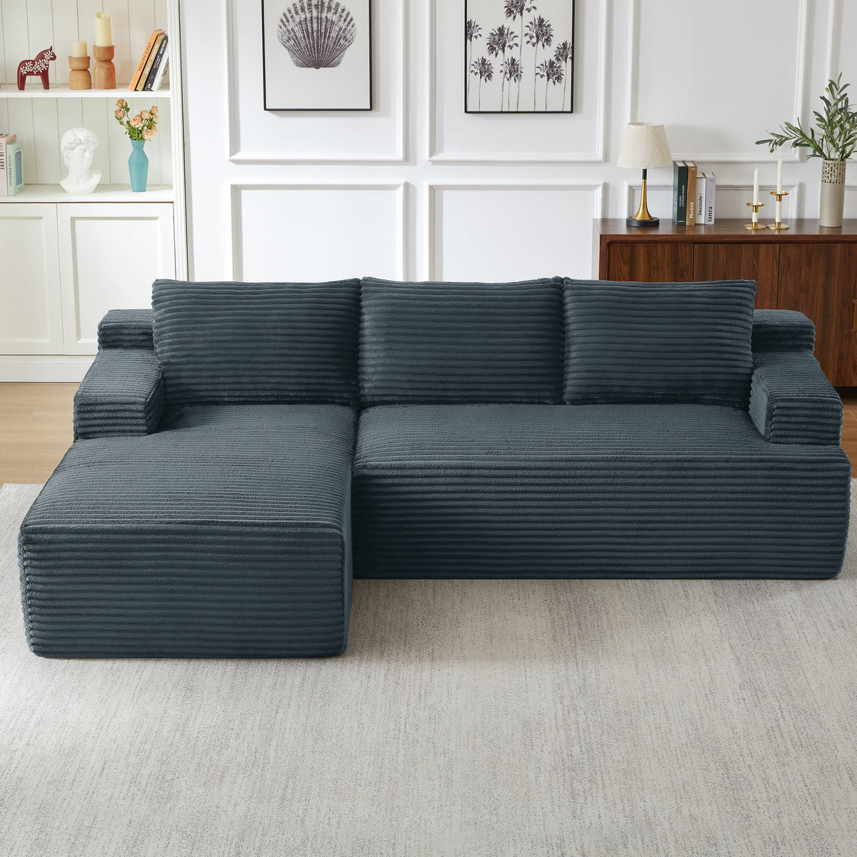 Vanress 96 Inch Modular Sectional Couches for Living Room, Modern Boneless Sofa, Upholstered Deep Seat Cloud Couch, Corduroy Comfy L-Shape Sofas Couches, No Assembly Required, Black (Left Facing Chaise)