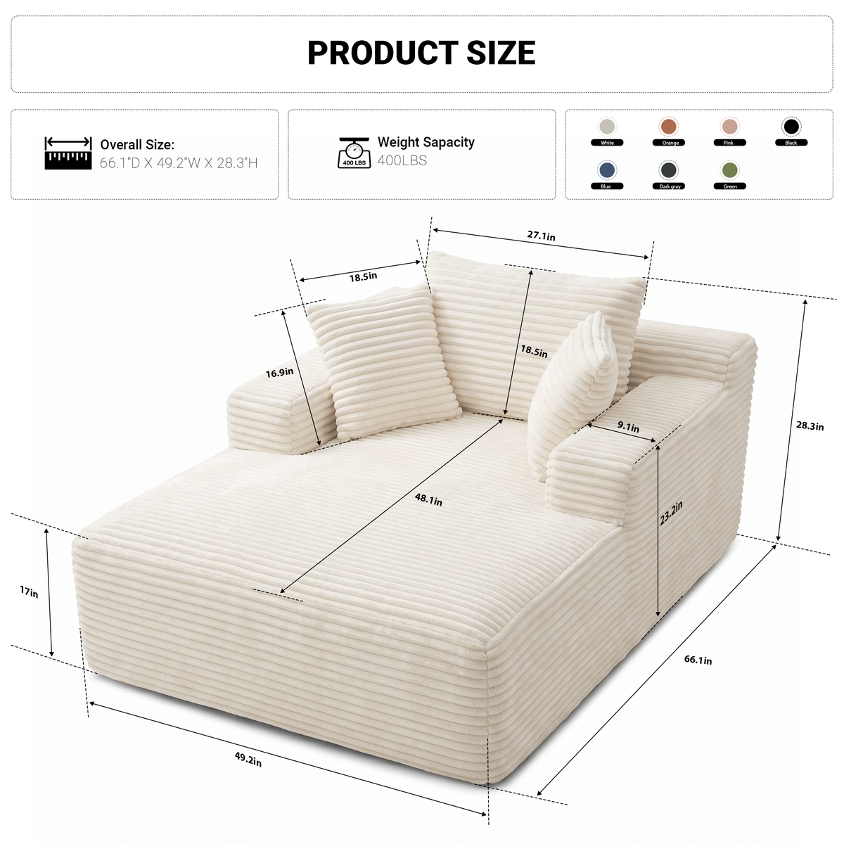 Vanress 66" Chaise Lounge Chair Indoor, Oversized Corduroy Upholstered Boneless Sofa, Deep Seat Reading Chairs Sleeper Couch, Cloud Sofas Couches for Living Room Bedroom, No Assembly Required, White