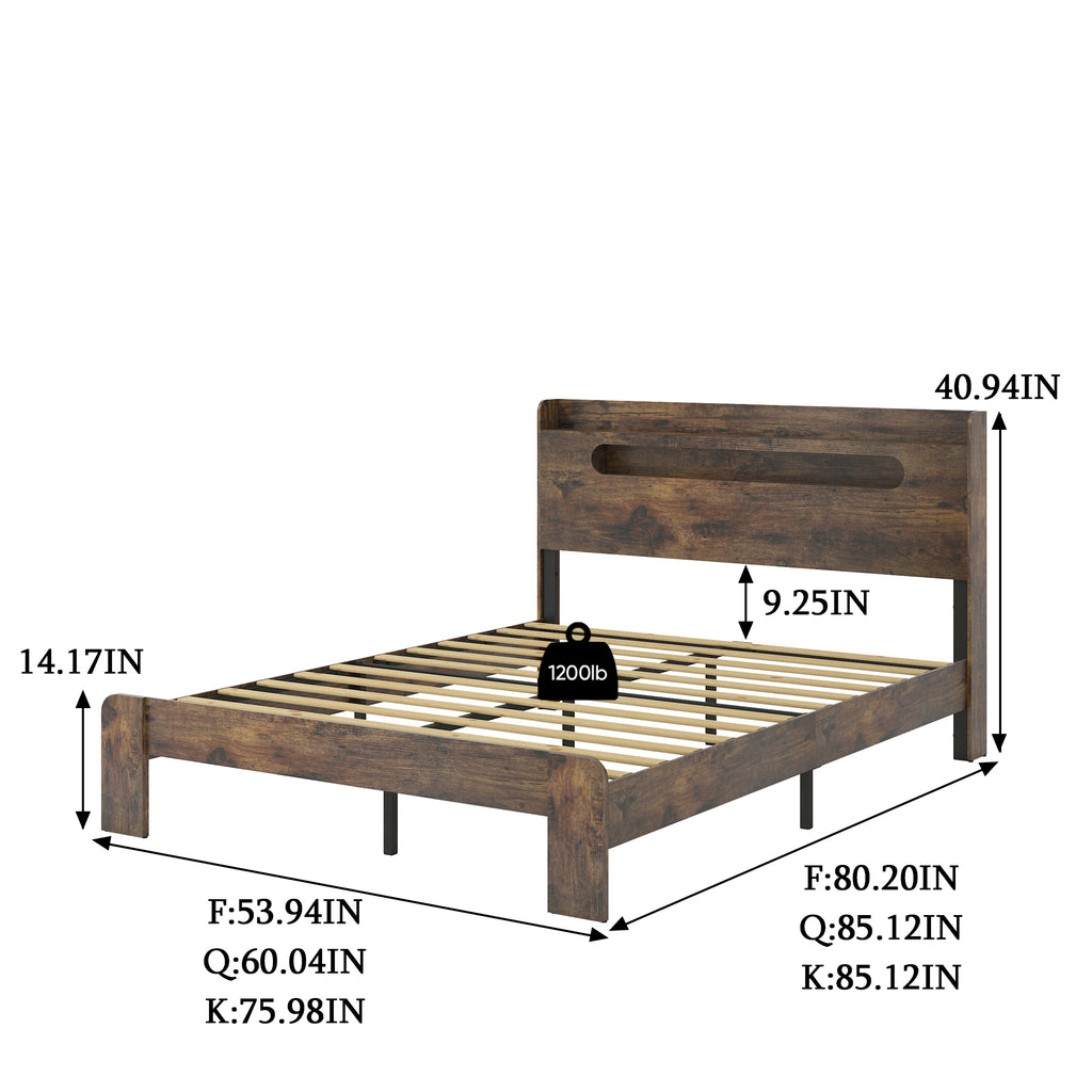 Vanress Full Size Bed Frame with Storage Headboard, Wood Platform Bed Frame, with LED Lights and Charging Station, Large Under-Bed Storage, Noise Free, No Box Spring Needed, Dark Brown
