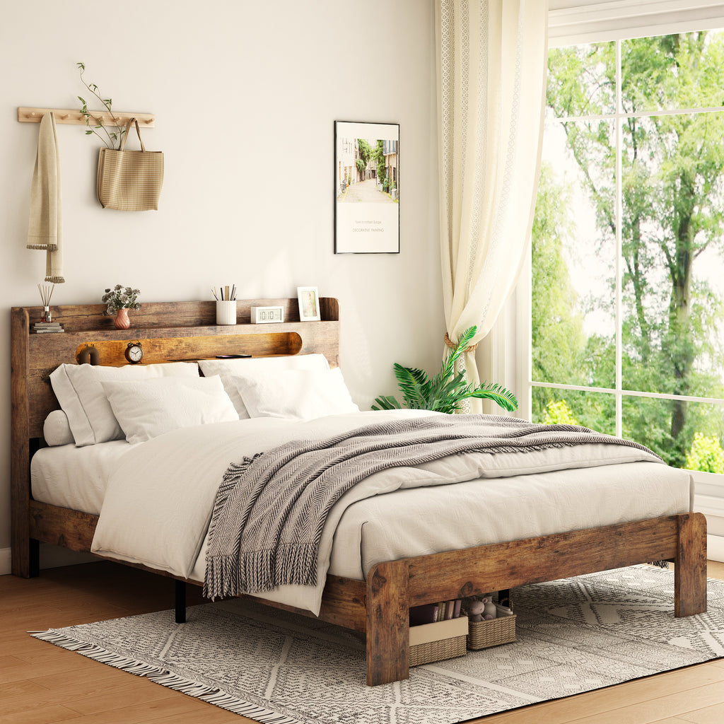 Vanress Full Size Bed Frame with Storage Headboard, Wood Platform Bed Frame, with LED Lights and Charging Station, Large Under-Bed Storage, Noise Free, No Box Spring Needed, Dark Brown
