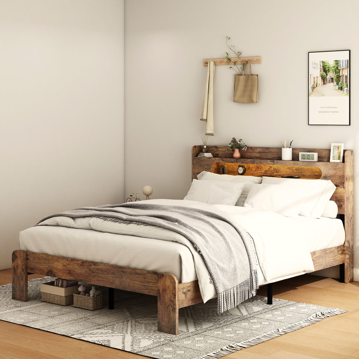 Vanress Full Size Bed Frame with Storage Headboard, Wood Platform Bed Frame, with LED Lights and Charging Station, Large Under-Bed Storage, Noise Free, No Box Spring Needed, Dark Brown