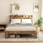Vanress Full Size Bed Frame with Storage Headboard, Wood Platform Bed Frame, with LED Lights and Charging Station, Large Under-Bed Storage, Noise Free, No Box Spring Needed, Dark Brown