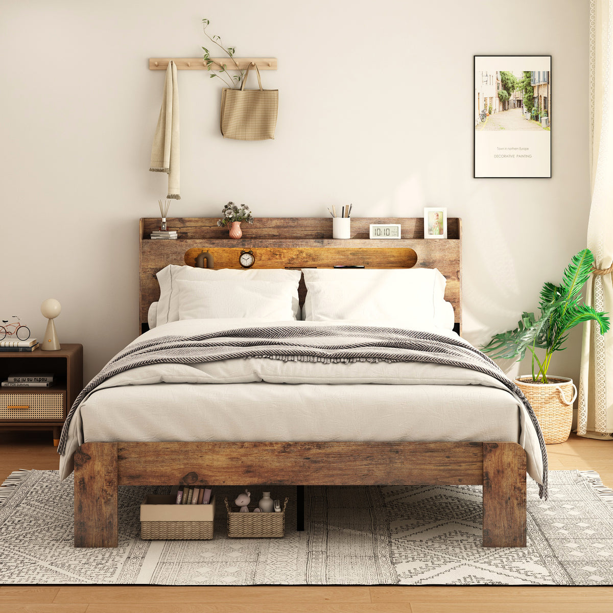 Vanress Full Size Bed Frame with Storage Headboard, Wood Platform Bed Frame, with LED Lights and Charging Station, Large Under-Bed Storage, Noise Free, No Box Spring Needed, Dark Brown