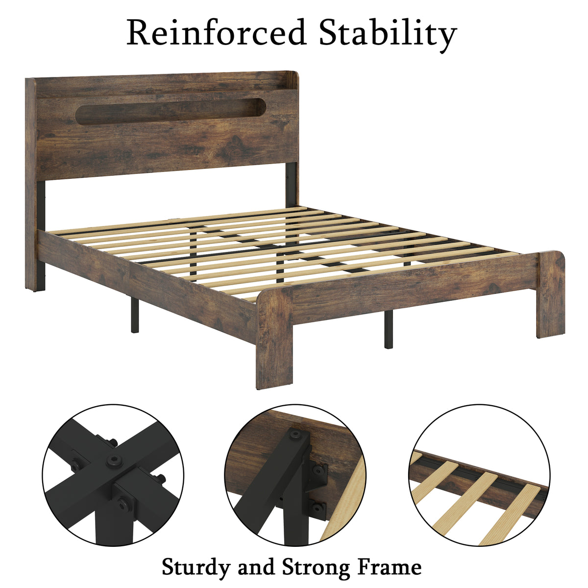 Vanress Full Size Bed Frame with Storage Headboard, Wood Platform Bed Frame, with LED Lights and Charging Station, Large Under-Bed Storage, Noise Free, No Box Spring Needed, Dark Brown