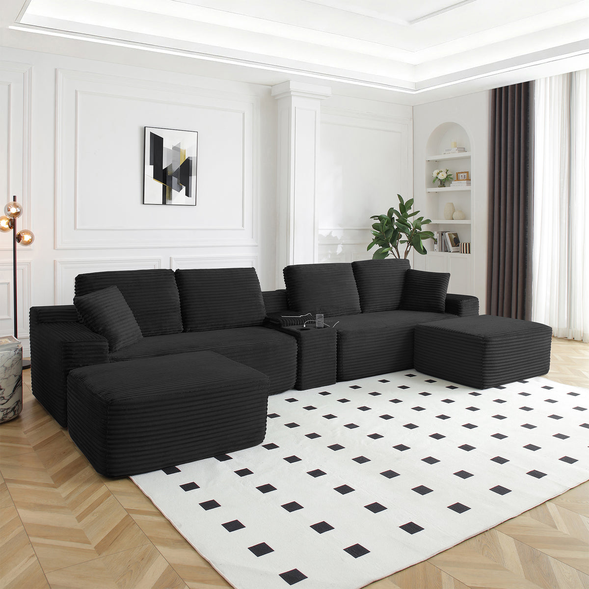 Vanress 150" Modular Sectional Sofa Couch for Living Room, Corduroy Boneless Sofas, Oversized Modern Cloud Couch, U Shape Couches Deep Seat with USB Ports and Cup Holders, Black