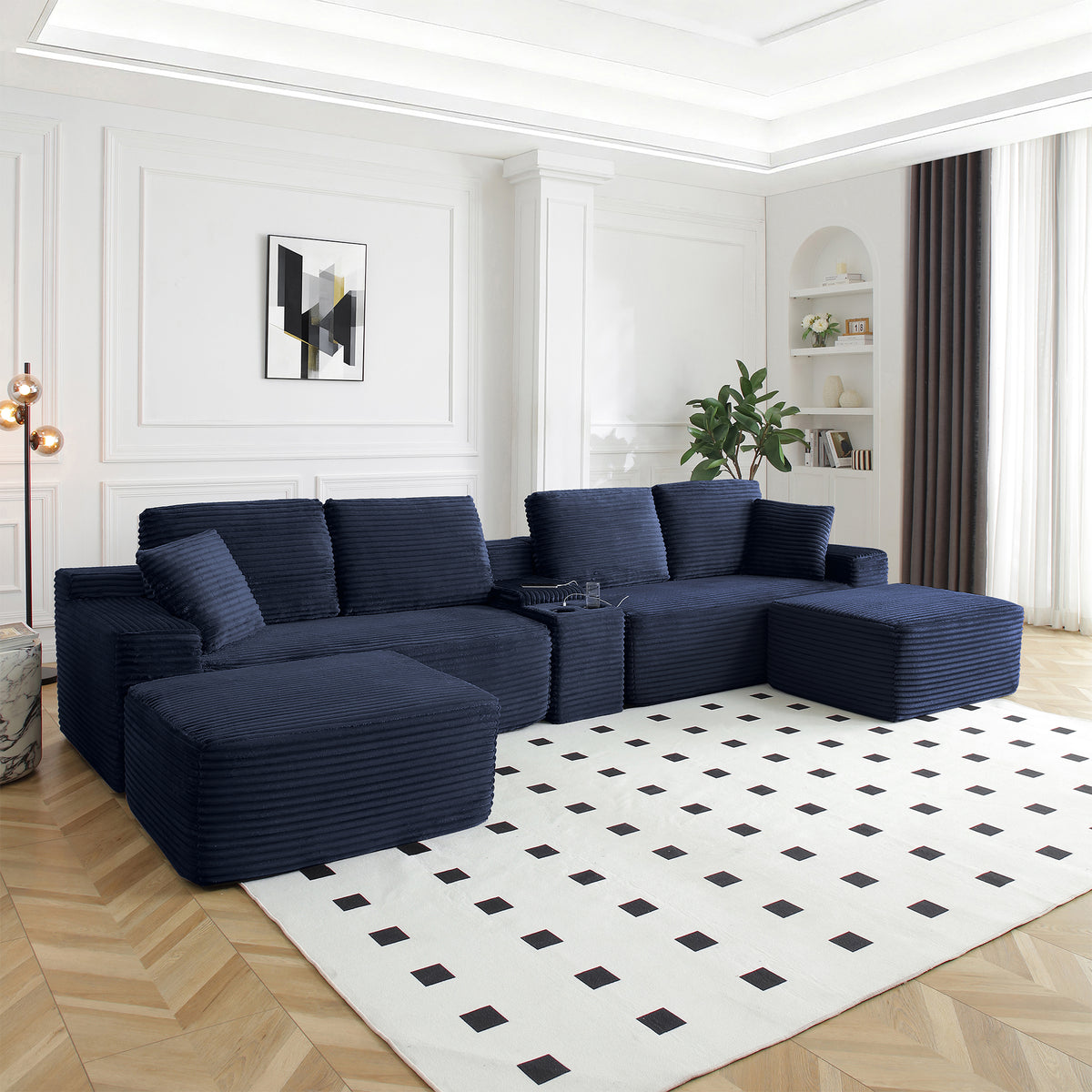 Vanress 150" Modular Sectional Sofa Couch for Living Room, Corduroy Boneless Sofas, Oversized Modern Cloud Couch, U Shape Couches Deep Seat with USB Ports and Cup Holders, Black