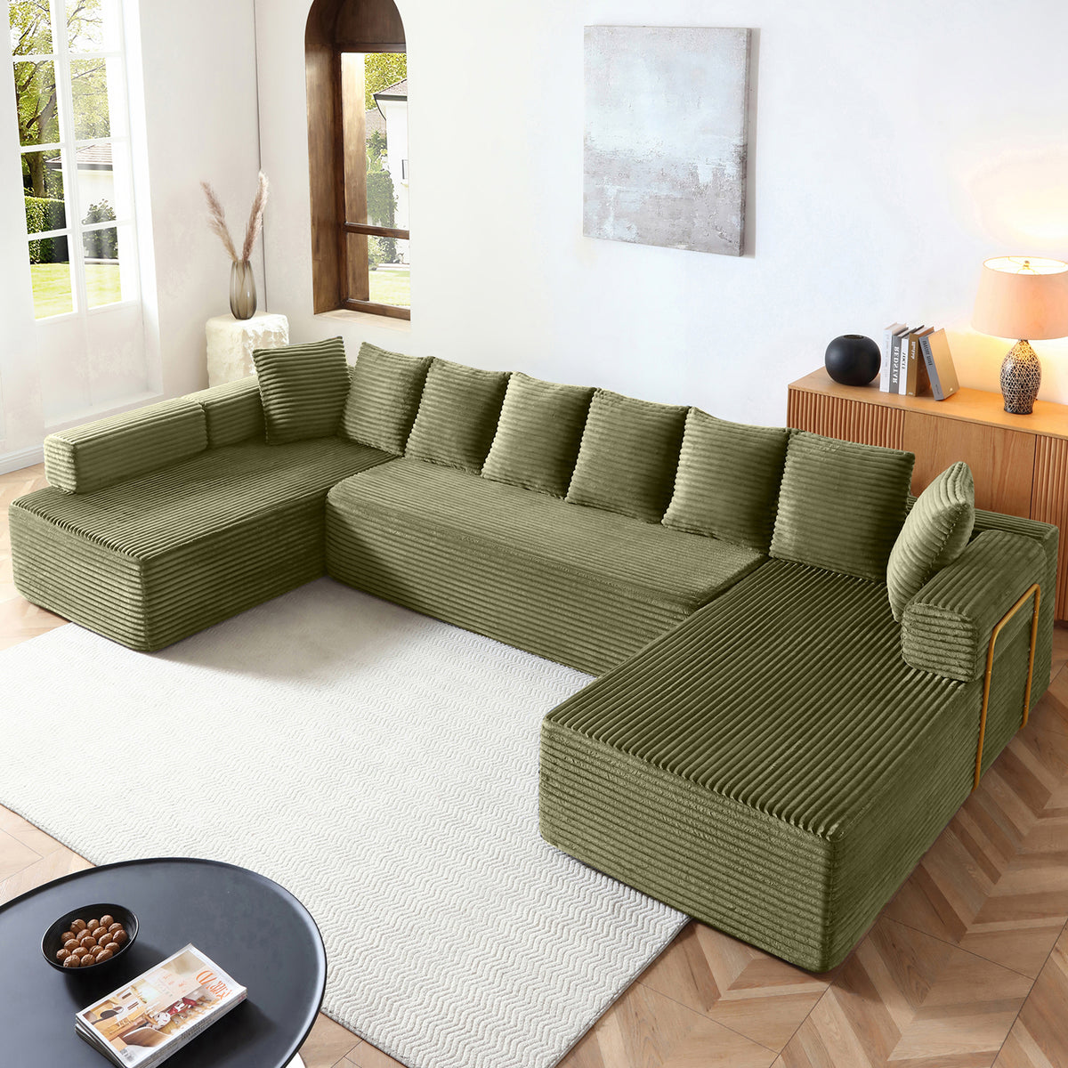 Vanress 145 Inch U-Shaped Modular Sectional Sofa, Modern Corduroy Boneless Sofa for Living Room, Deep Seat Cloud Sofas Couches, No Assembly Required, Black