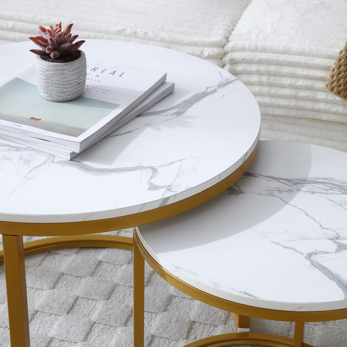 Vanress Nesting Coffee Table Set of 2, 23.6" Round Coffee Table Marble Pattern Wooden Tables with Sturdy Metal Frame, Industrial End Table Side Tables for Living Room Bedroom Balcony YarAd