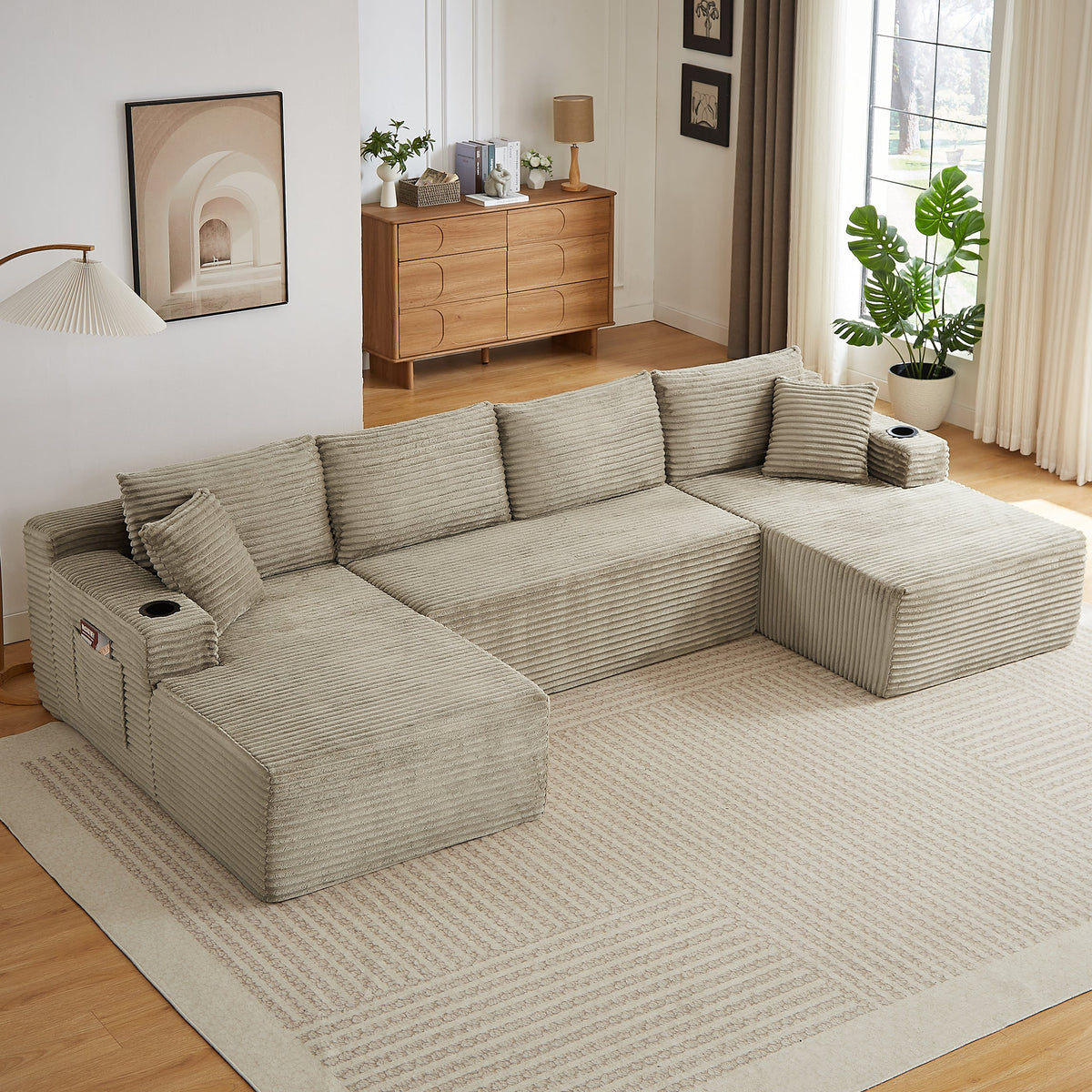 Vanress 125" Modular Sectional Sofa Couch, Modern Corduroy Cloud Couch with Cupholders and Storage, Deep Seat U Shape Sofa Boneless Couches for Living Room, No Assembly Required