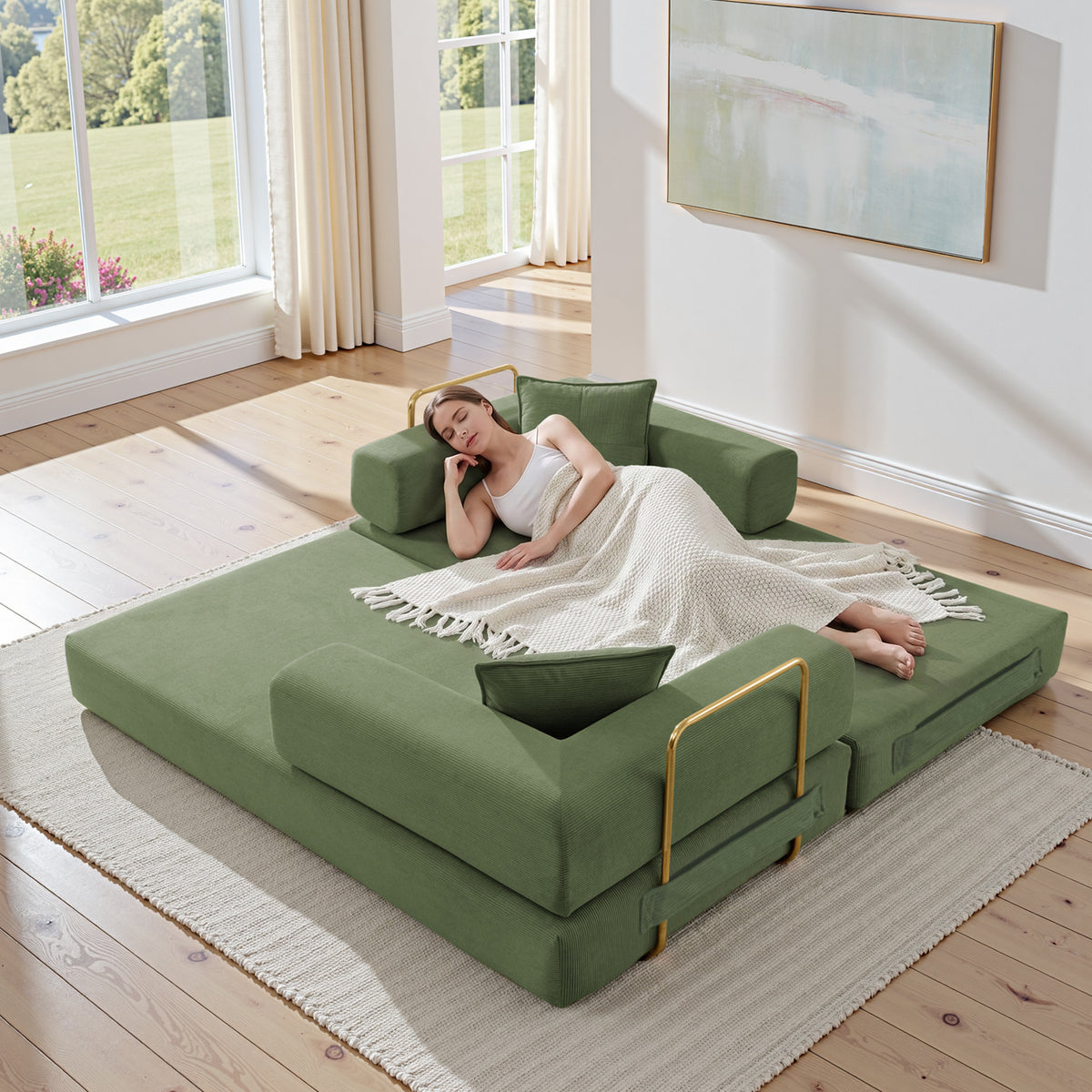 Vanress 79" Convertible Sofa Bed, Folding Sleeper Sofa Couch Bed with Fixed-Shape Frame, Fold Out Sleeper Loveseat, Corduroy Boneless Futon Bed, No Assembly Required for Living Room & Bedroom, Green