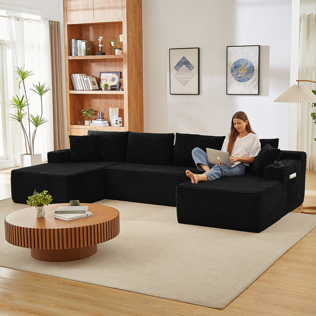Vanress 125" Modular Sectional Sofa Couch, Modern Corduroy Cloud Couch with Cupholders and Storage, Deep Seat U Shape Sofa Boneless Couches for Living Room, No Assembly Required