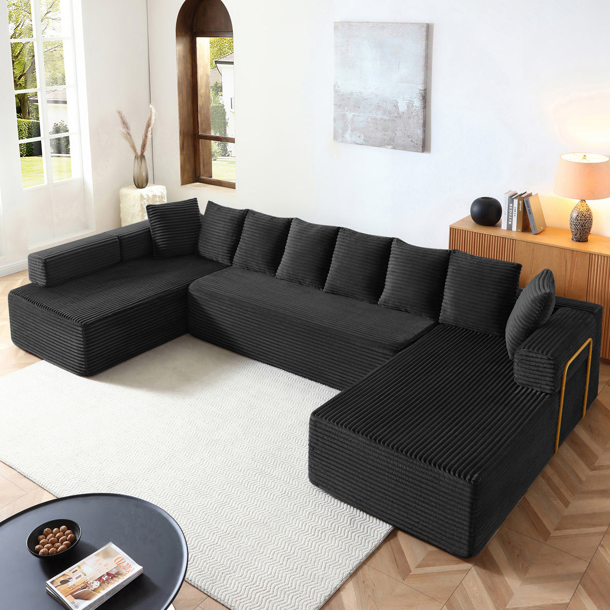 Vanress 145 Inch U-Shaped Modular Sectional Sofa, Modern Corduroy Boneless Sofa for Living Room, Deep Seat Cloud Sofas Couches, No Assembly Required, Black