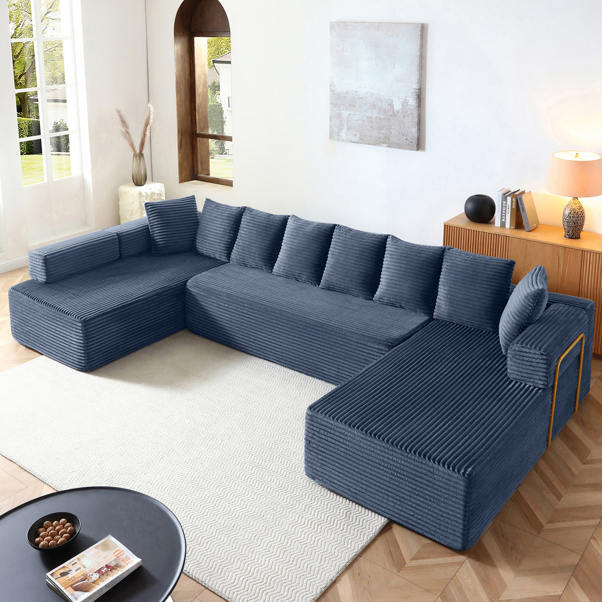 Vanress 145 Inch U-Shaped Modular Sectional Sofa, Modern Corduroy Boneless Sofa for Living Room, Deep Seat Cloud Sofas Couches, No Assembly Required, Black