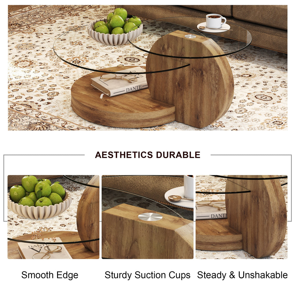Vanress 42" Glass Coffee Table, Round Coffee Table, Modern Double Layer Round Glass Coffee Table for Living Room