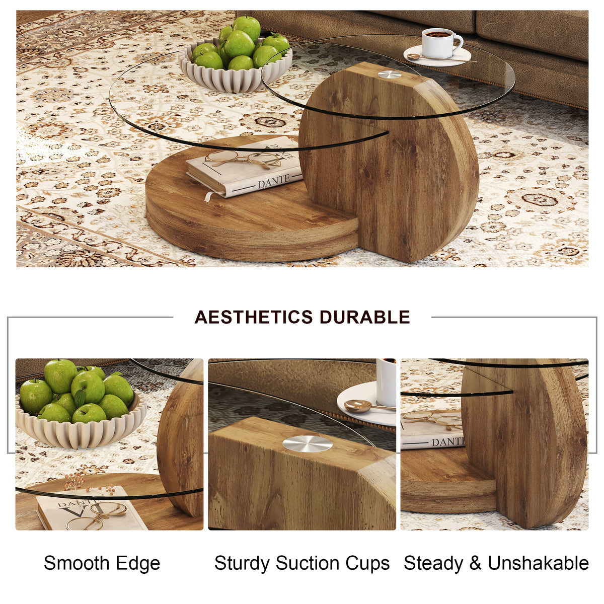Vanress 42" Glass Coffee Table, Round Coffee Table, Modern Double Layer Round Glass Coffee Table for Living Room