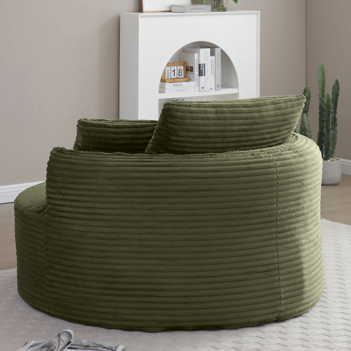 Vanress 53'' Oversized Round Chaise Lounge Chair Indoor,Upholstered Corduroy Deep Seat Cloud Circle Sofa Chair,Modern Fluffy Comfy Floor Reading Armchair for Living Room,Bedroom,No Assembly Required,Green