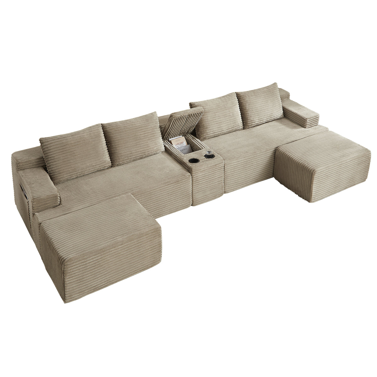 Vanress 140" Modular Sectional Sofa, Boneless Sofa Cloud Sofa for Living Room, Corduroy U Shaped Cloud Sectional Couch with Cupholders, Modern Deep Seat Modular Sofa, No Assembly, Camel