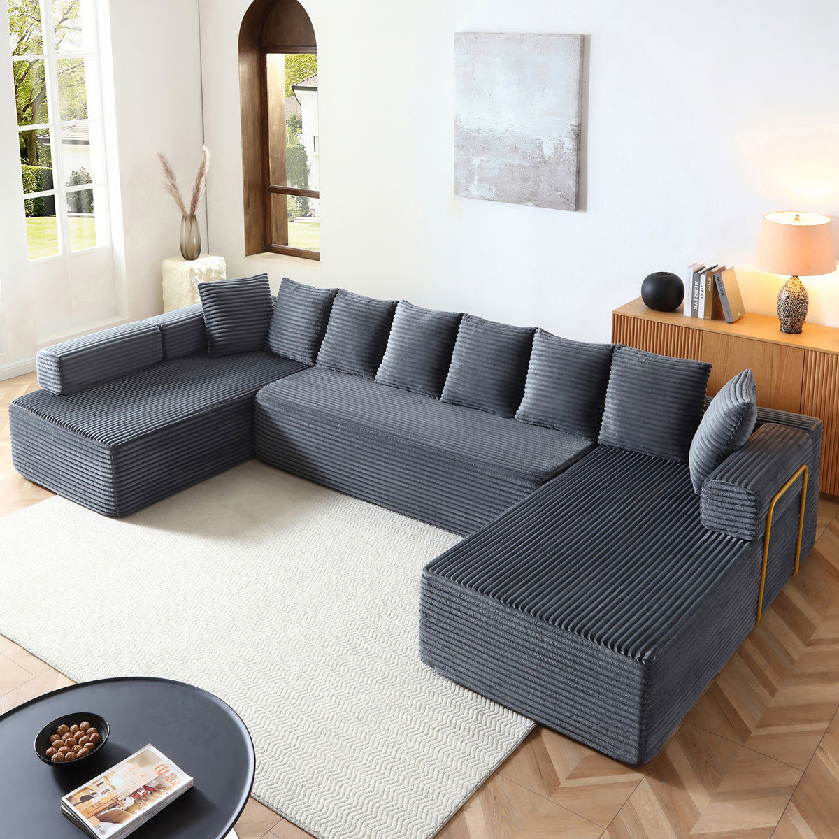 Vanress 145 Inch U-Shaped Modular Sectional Sofa, Modern Corduroy Boneless Sofa for Living Room, Deep Seat Cloud Sofas Couches, No Assembly Required, Black