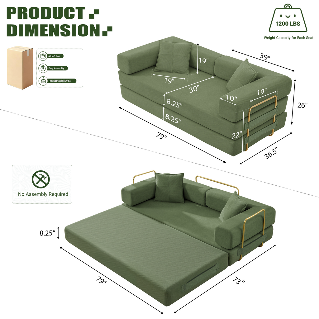 Vanress 79" Convertible Sofa Bed, Folding Sleeper Sofa Couch Bed with Fixed-Shape Frame, Fold Out Sleeper Loveseat, Corduroy Boneless Futon Bed, No Assembly Required for Living Room & Bedroom, Green
