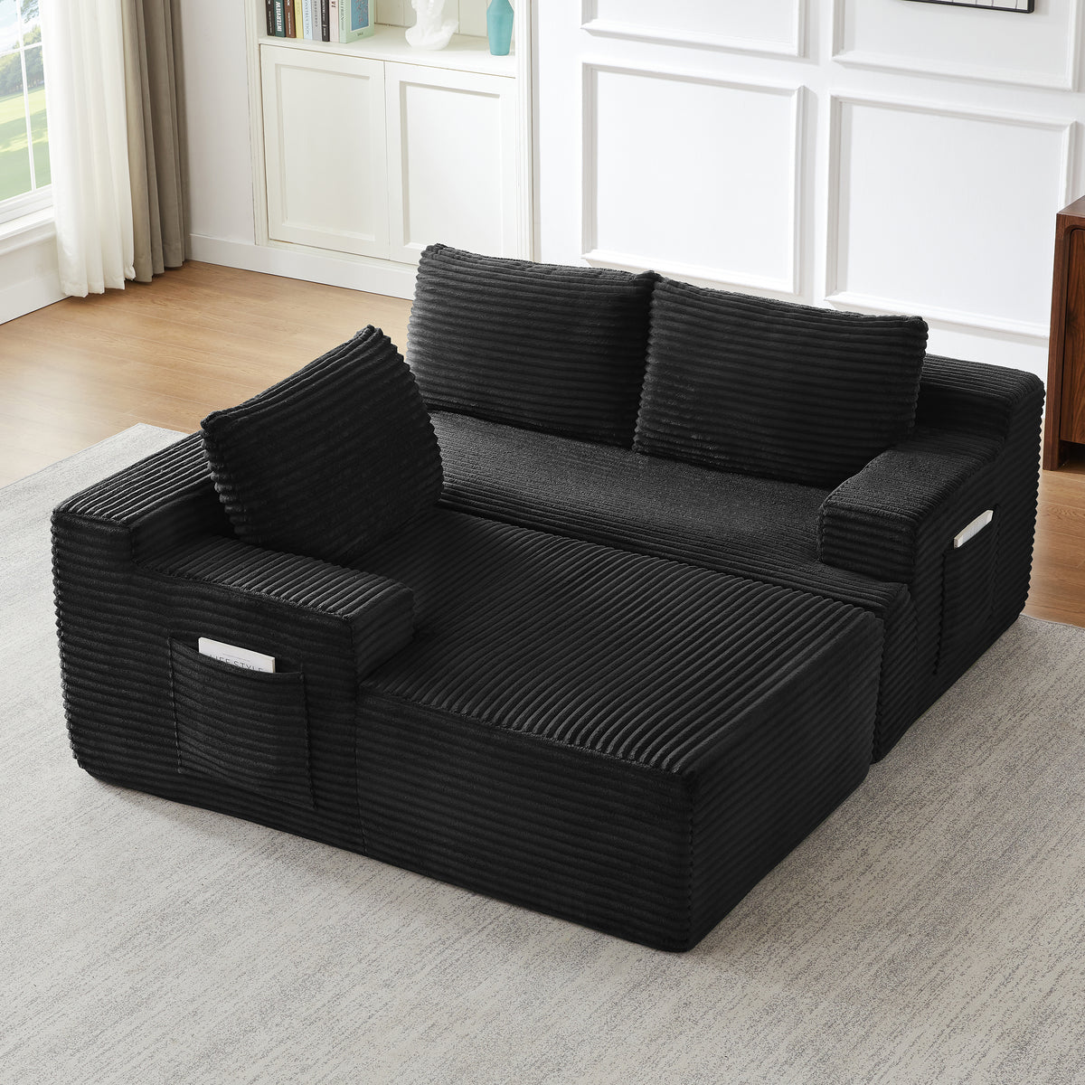 Vanress 96 Inch Modular Sectional Couches for Living Room, Modern Boneless Sofa, Upholstered Deep Seat Cloud Couch, Corduroy Comfy L-Shape Sofas Couches, No Assembly Required, Black (Left Facing Chaise)