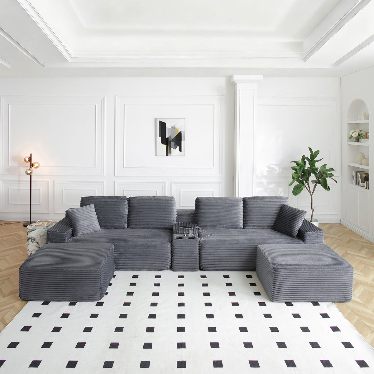 Vanress 150" Modular Sectional Sofa Couch for Living Room, Corduroy Boneless Sofas, Oversized Modern Cloud Couch, U Shape Couches Deep Seat with USB Ports and Cup Holders, Black