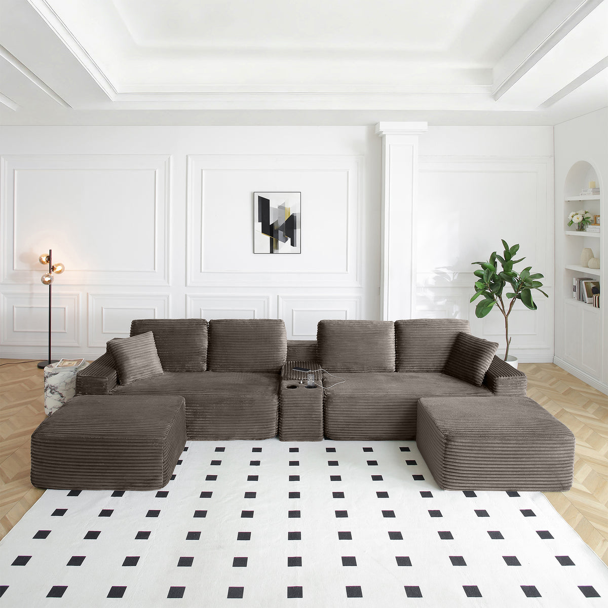 Vanress 150" Modular Sectional Sofa Couch for Living Room, Corduroy Boneless Sofas, Oversized Modern Cloud Couch, U Shape Couches Deep Seat with USB Ports and Cup Holders, Black