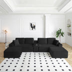 Vanress 150" Modular Sectional Sofa Couch for Living Room, Corduroy Boneless Sofas, Oversized Modern Cloud Couch, U Shape Couches Deep Seat with USB Ports and Cup Holders, Black