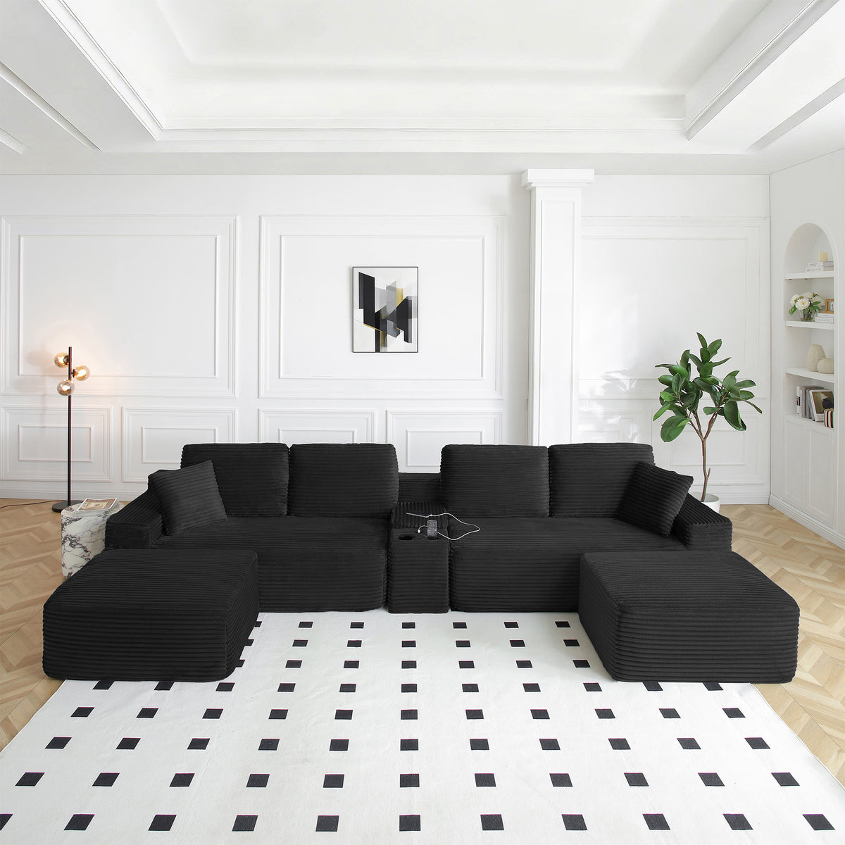 Vanress 150" Modular Sectional Sofa Couch for Living Room, Corduroy Boneless Sofas, Oversized Modern Cloud Couch, U Shape Couches Deep Seat with USB Ports and Cup Holders, Black