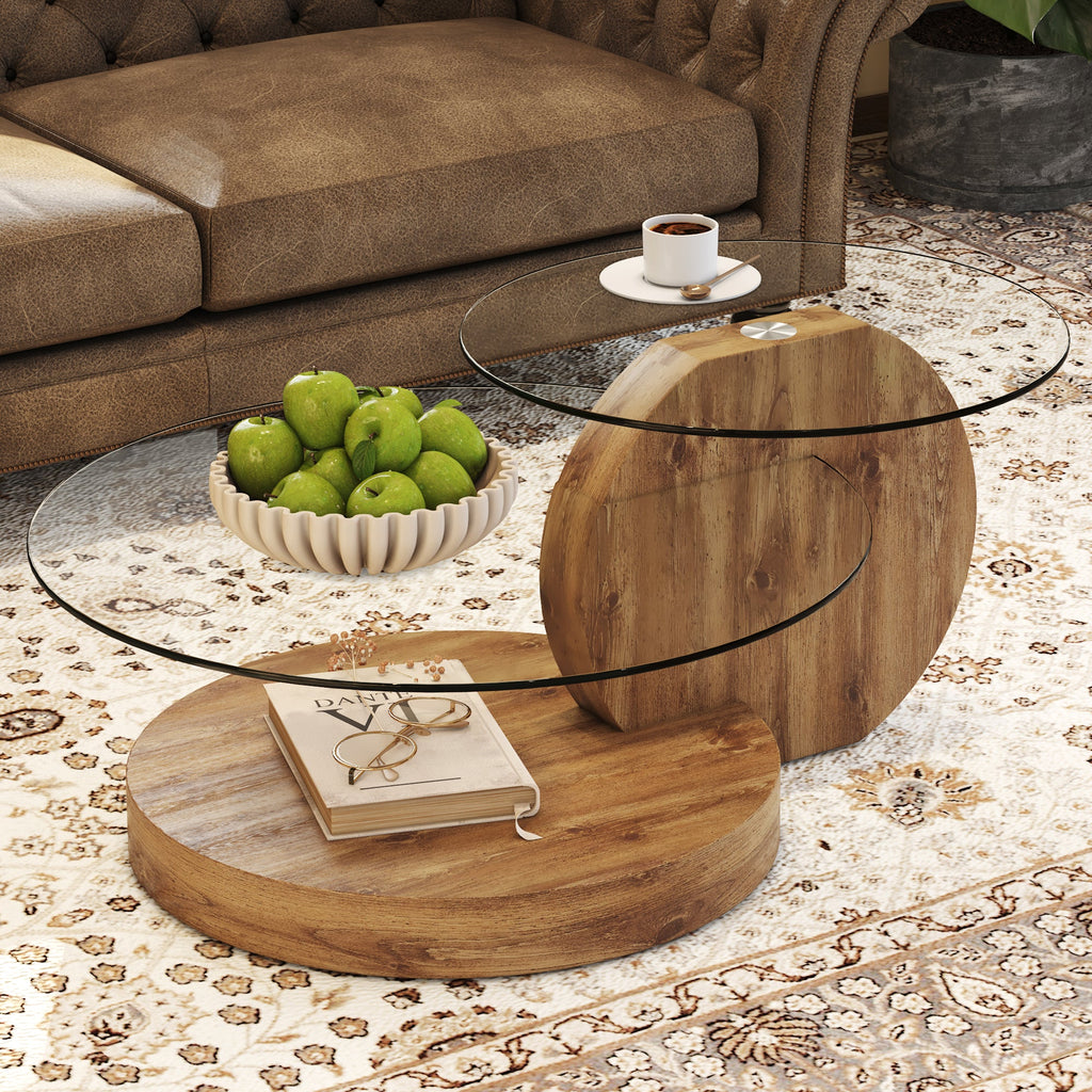 Vanress 42" Glass Coffee Table, Round Coffee Table, Modern Double Layer Round Glass Coffee Table for Living Room