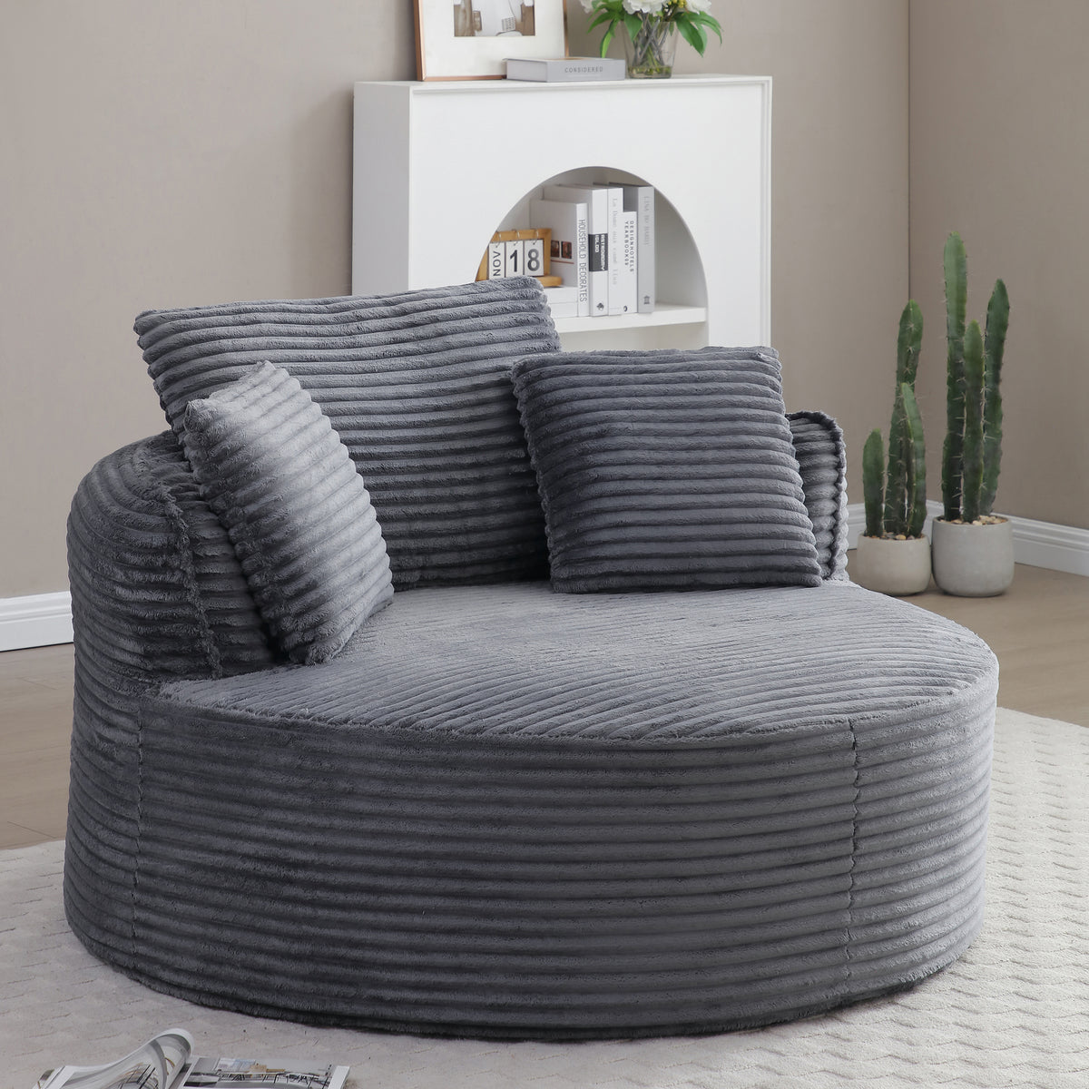 Vanress 53'' Oversized Round Chaise Lounge Chair Indoor,Upholstered Corduroy Deep Seat Cloud Circle Sofa Chair,Modern Fluffy Comfy Floor Reading Armchair for Living Room,Bedroom,No Assembly Required,Green