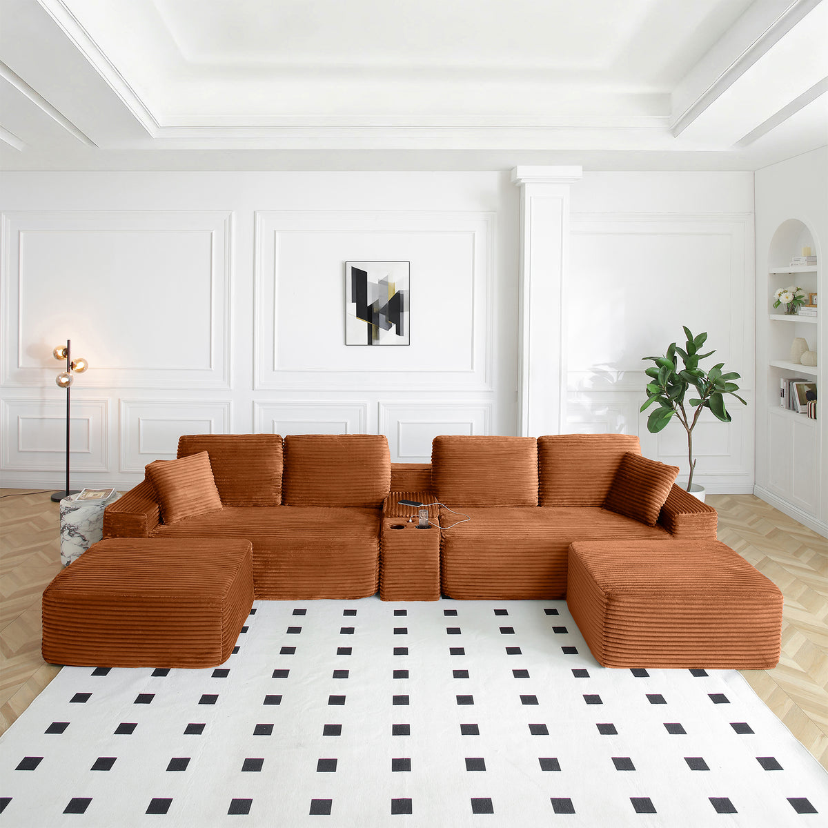 Vanress 150" Modular Sectional Sofa Couch for Living Room, Corduroy Boneless Sofas, Oversized Modern Cloud Couch, U Shape Couches Deep Seat with USB Ports and Cup Holders, Black