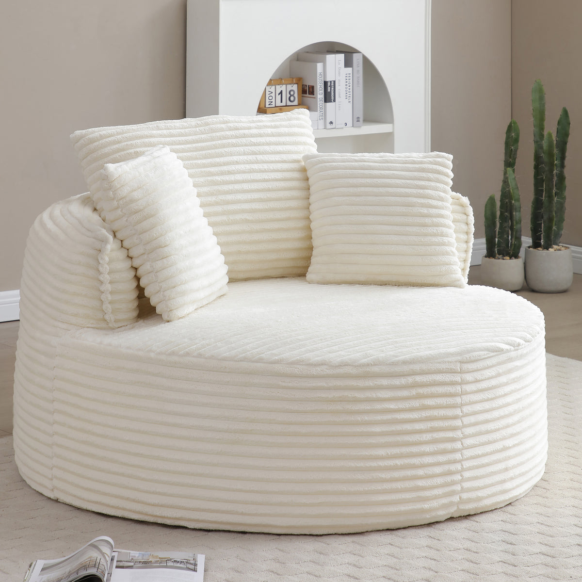 Vanress 53'' Oversized Round Chaise Lounge Chair Indoor,Upholstered Corduroy Deep Seat Cloud Circle Sofa Chair,Modern Fluffy Comfy Floor Reading Armchair for Living Room,Bedroom,No Assembly Required,Green