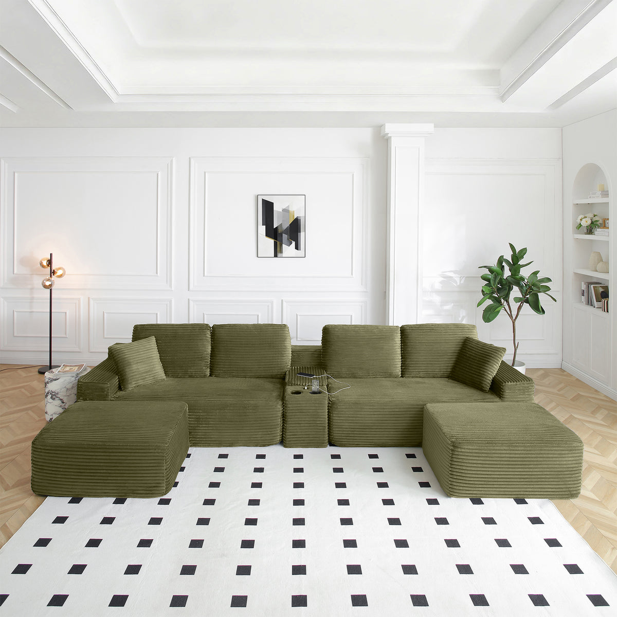 Vanress 150" Modular Sectional Sofa Couch for Living Room, Corduroy Boneless Sofas, Oversized Modern Cloud Couch, U Shape Couches Deep Seat with USB Ports and Cup Holders, Black