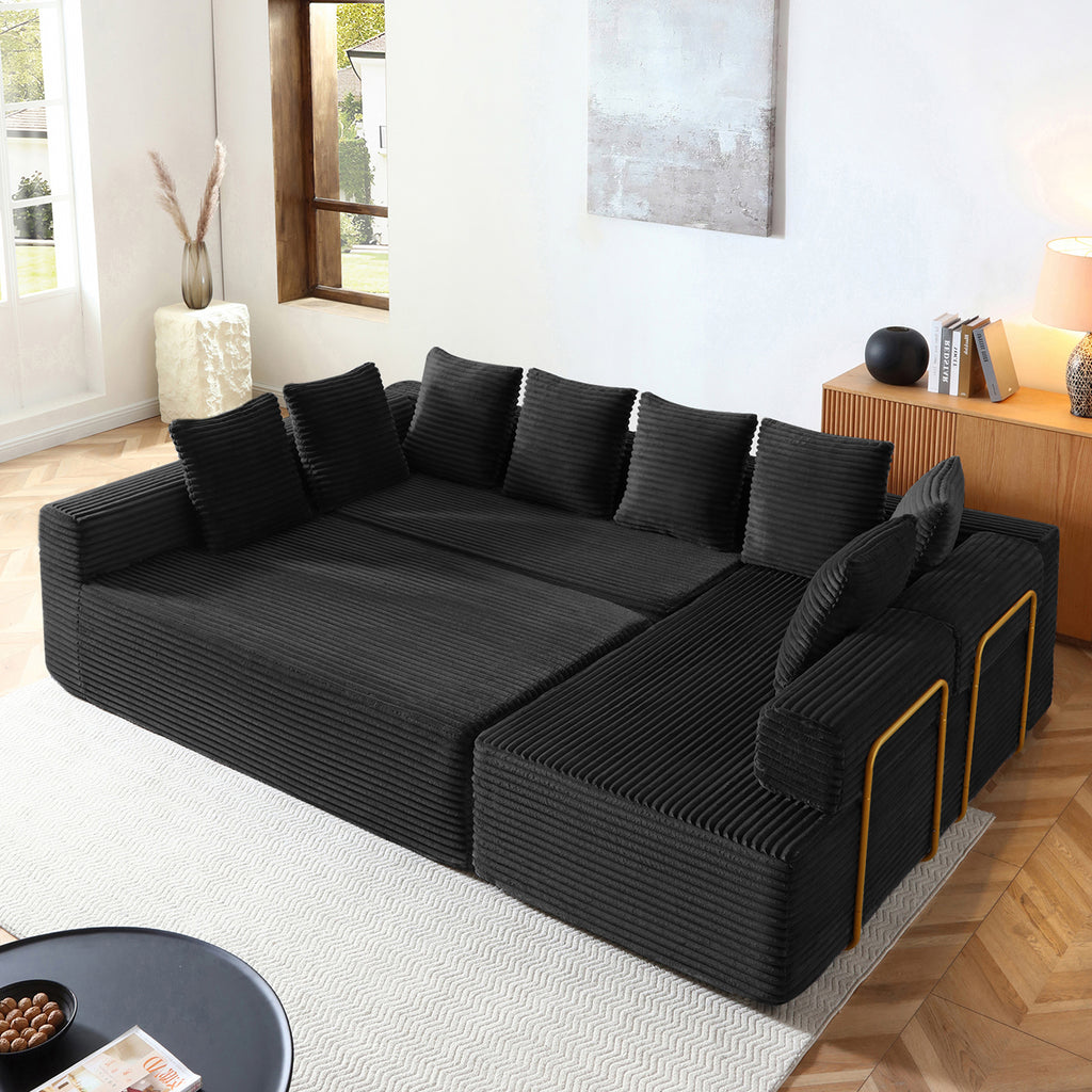 Vanress 145 Inch U-Shaped Modular Sectional Sofa, Modern Corduroy Boneless Sofa for Living Room, Deep Seat Cloud Sofas Couches, No Assembly Required, Black