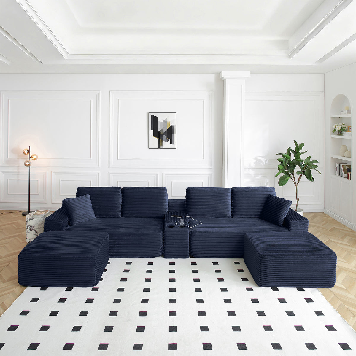 Vanress 150" Modular Sectional Sofa Couch for Living Room, Corduroy Boneless Sofas, Oversized Modern Cloud Couch, U Shape Couches Deep Seat with USB Ports and Cup Holders, Black