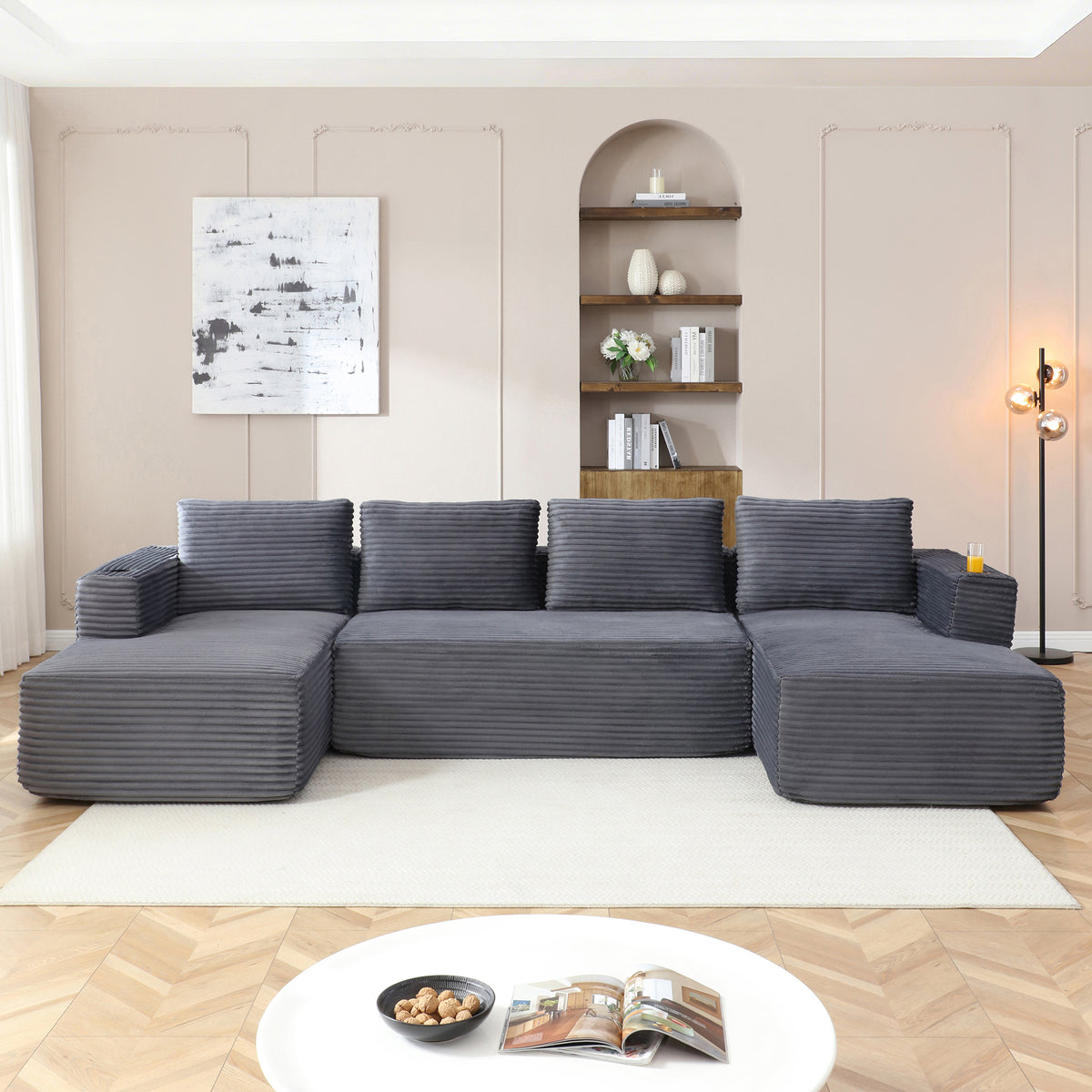 Vanress 132" Oversized Cloud Boneless Sofa Couch, Modern Corduroy U Shaped Modular Sectional Sofa with Deep Seat, Comfy Couch with Cupholders and Storage, for Living Room, No Assembly Required, Black