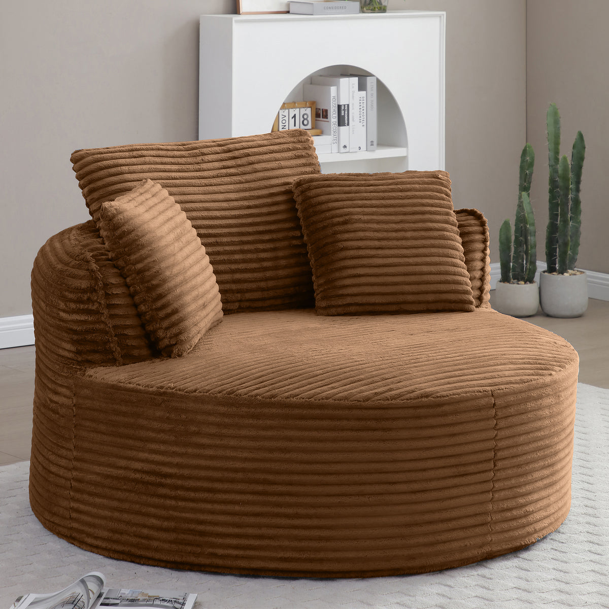 Vanress 53'' Oversized Round Chaise Lounge Chair Indoor,Upholstered Corduroy Deep Seat Cloud Circle Sofa Chair,Modern Fluffy Comfy Floor Reading Armchair for Living Room,Bedroom,No Assembly Required,Green