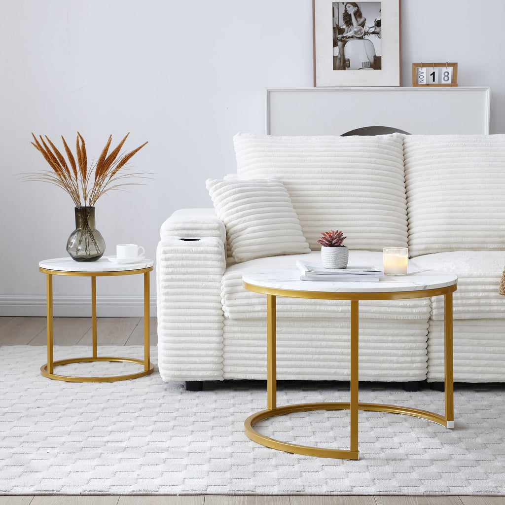 Vanress Nesting Coffee Table Set of 2, 23.6" Round Coffee Table Marble Pattern Wooden Tables with Sturdy Metal Frame, Industrial End Table Side Tables for Living Room Bedroom Balcony YarAd