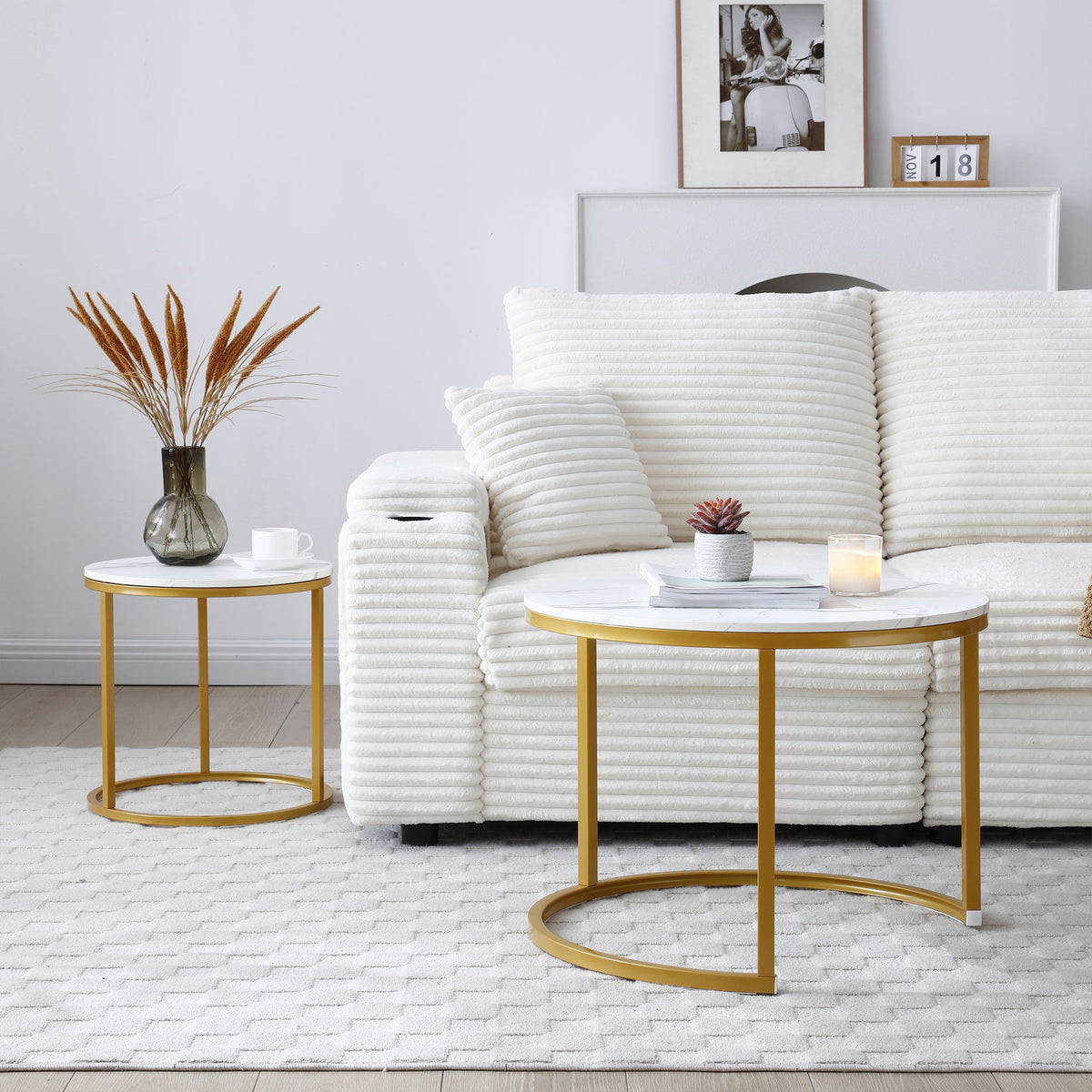 Vanress Nesting Coffee Table Set of 2, 23.6" Round Coffee Table Marble Pattern Wooden Tables with Sturdy Metal Frame, Industrial End Table Side Tables for Living Room Bedroom Balcony YarAd