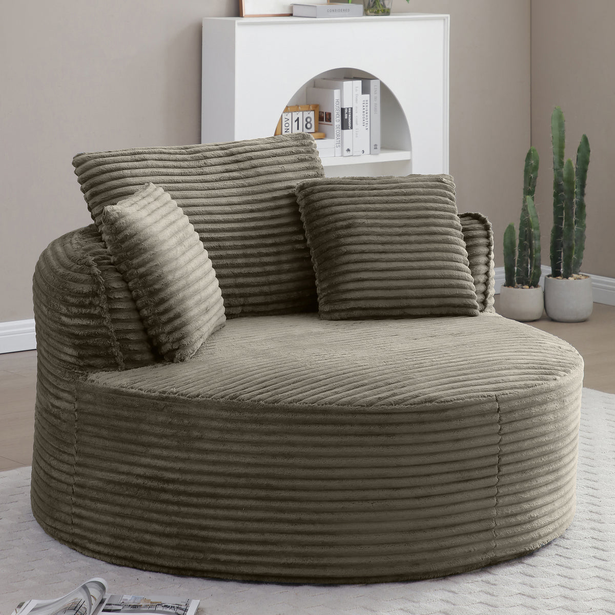 Vanress 53'' Oversized Round Chaise Lounge Chair Indoor,Upholstered Corduroy Deep Seat Cloud Circle Sofa Chair,Modern Fluffy Comfy Floor Reading Armchair for Living Room,Bedroom,No Assembly Required,Green