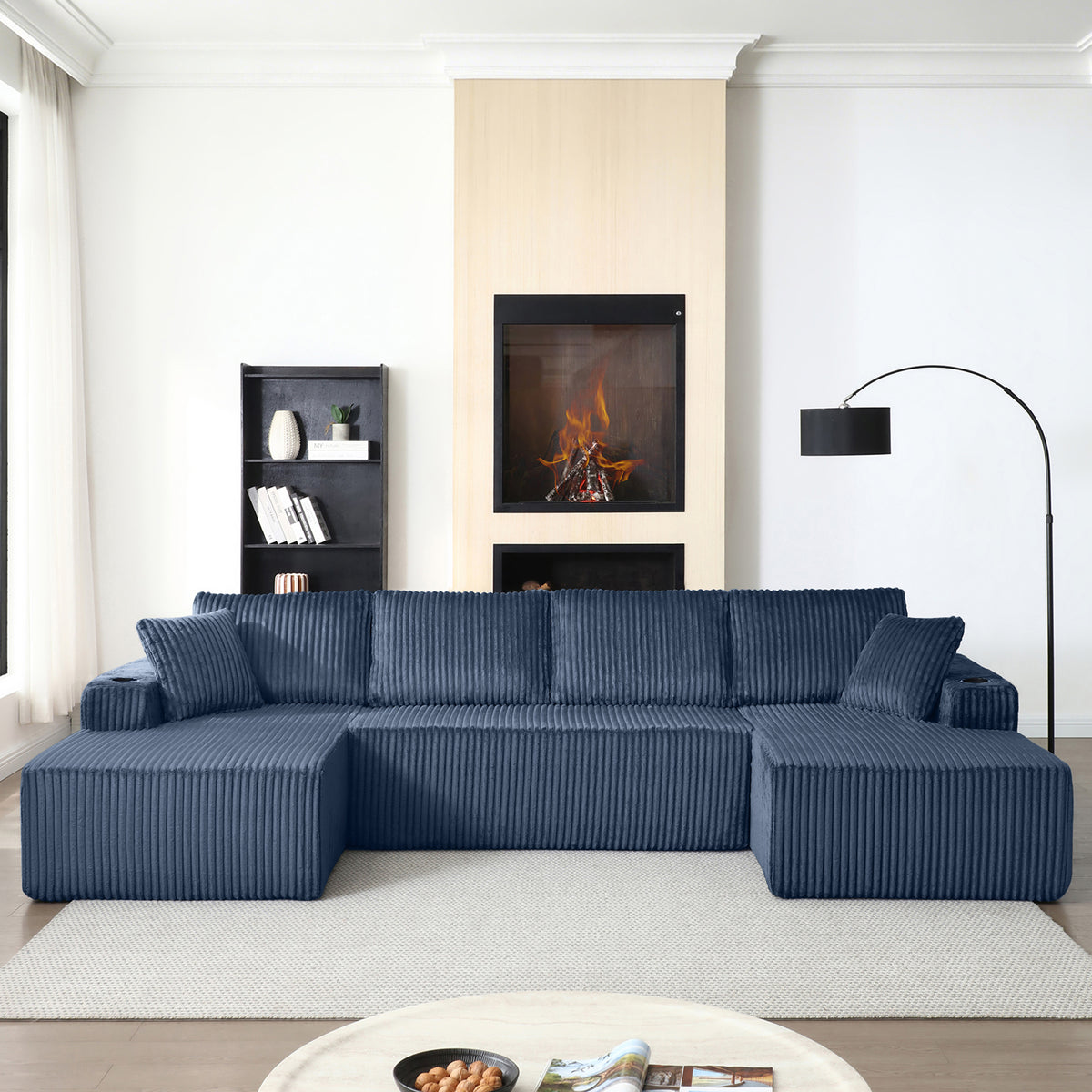 Vanress 132" Oversized Cloud Boneless Sofa Couch, Modern Corduroy U Shaped Modular Sectional Sofa with Deep Seat, Comfy Couch with Cupholders and Storage, for Living Room, No Assembly Required, Black