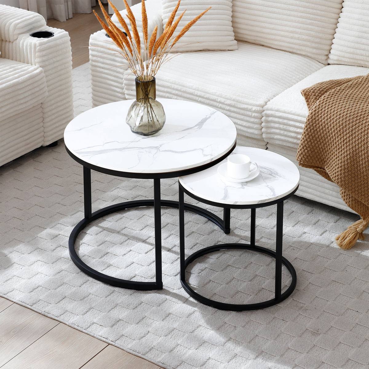 Vanress Nesting Coffee Table Set of 2, 23.6" Round Coffee Table Marble Pattern Wooden Tables with Sturdy Metal Frame, Industrial End Table Side Tables for Living Room Bedroom Balcony YarAd
