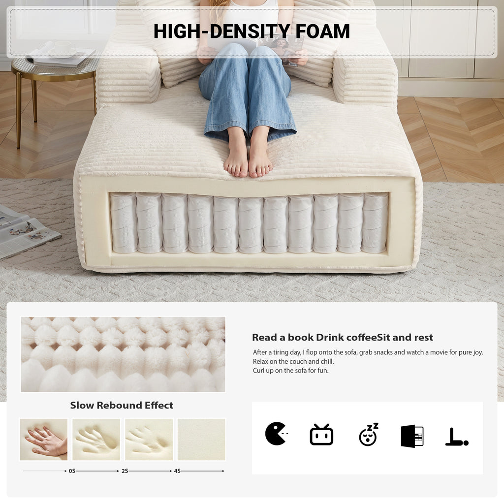 Vanress 66" Chaise Lounge Chair Indoor, Oversized Corduroy Upholstered Boneless Sofa, Deep Seat Reading Chairs Sleeper Couch, Cloud Sofas Couches for Living Room Bedroom, No Assembly Required, White