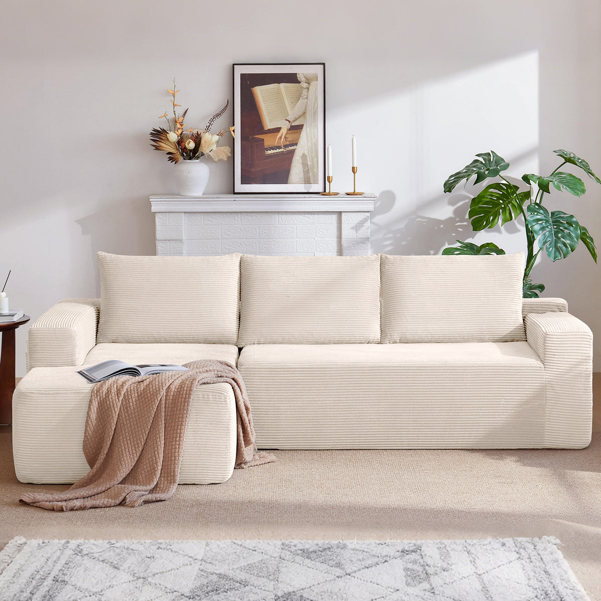 Vanress 96 Inch Modular Sectional Couches for Living Room, Modern Boneless Sofa, Upholstered Deep Seat Cloud Couch, Corduroy Comfy L-Shape Sofas Couches, No Assembly Required, Black (Left Facing Chaise)