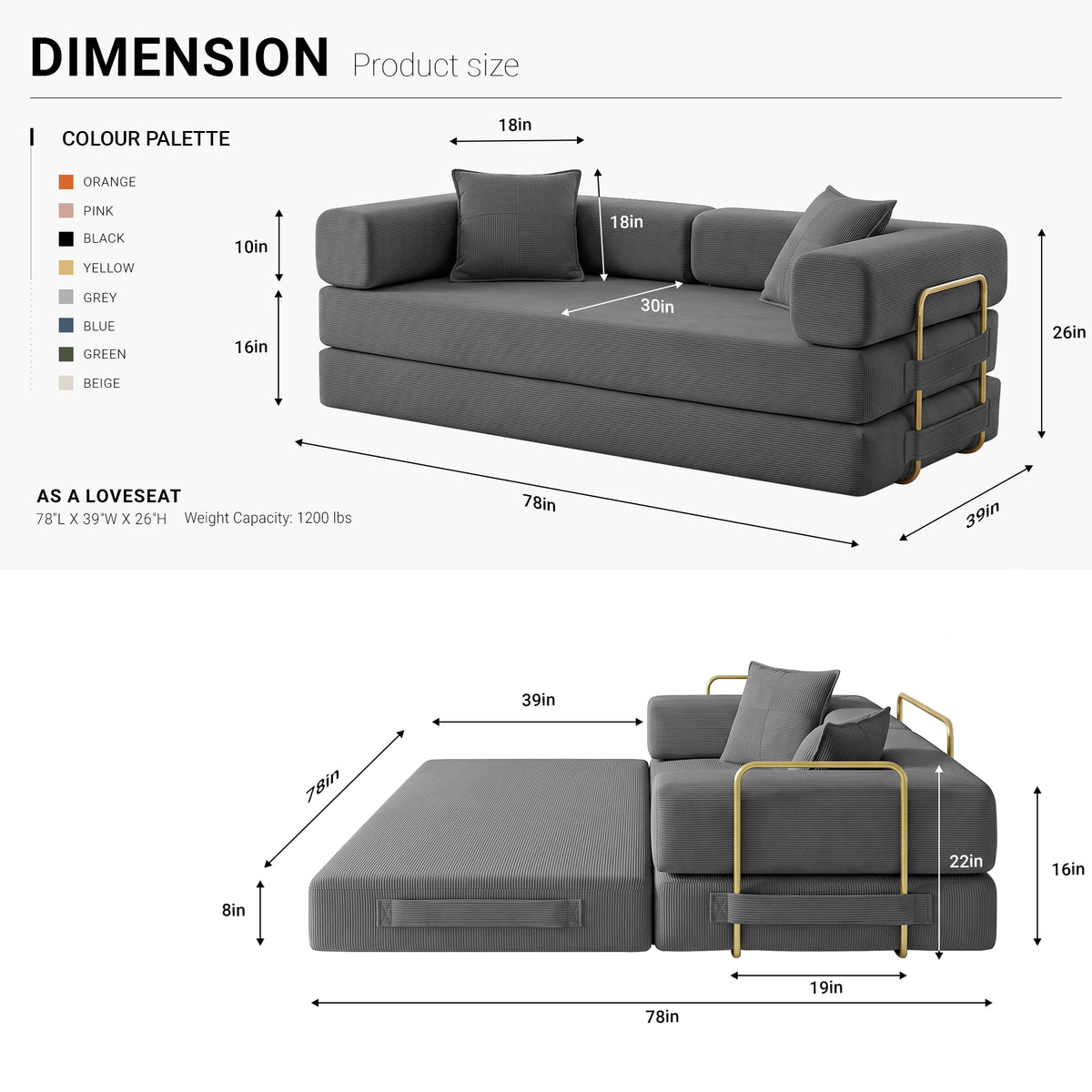 Vanress 78" Convertible Sofa Bed, Folding Sleeper Sofa Couch Bed with Fixed-Shape Frame, Pull-Out Sleeper Loveseat, Corduroy Boneless Futon Bed, No Assembly Required for Living Room & Bedroom, Green