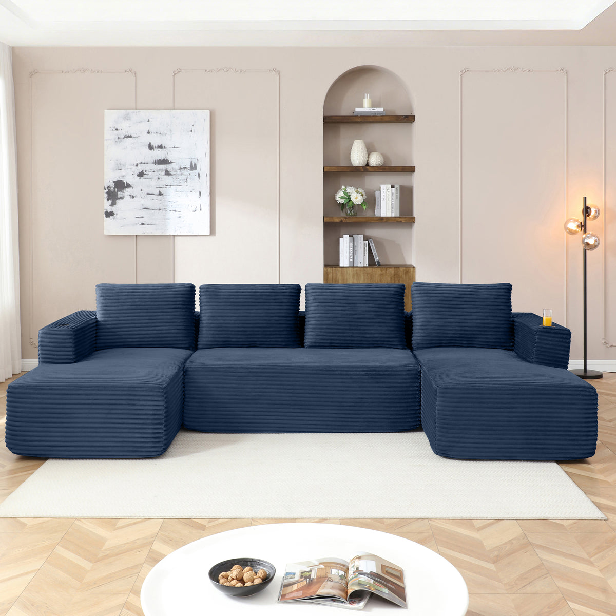Vanress 132" Oversized Cloud Boneless Sofa Couch, Modern Corduroy U Shaped Modular Sectional Sofa with Deep Seat, Comfy Couch with Cupholders and Storage, for Living Room, No Assembly Required, Black