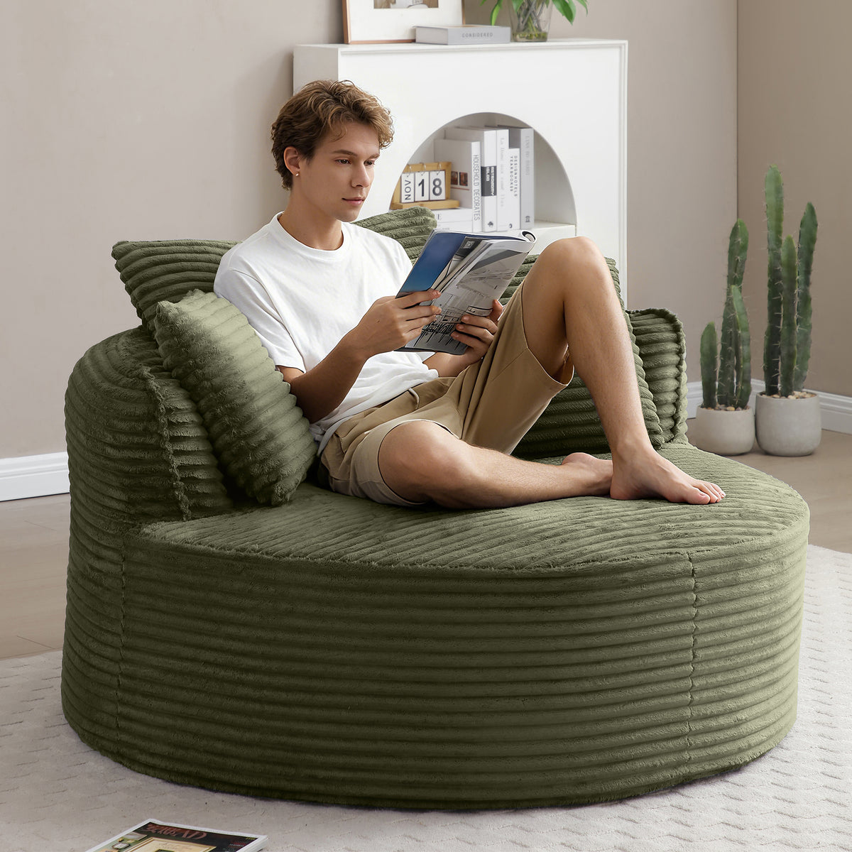 Vanress 53'' Oversized Round Chaise Lounge Chair Indoor,Upholstered Corduroy Deep Seat Cloud Circle Sofa Chair,Modern Fluffy Comfy Floor Reading Armchair for Living Room,Bedroom,No Assembly Required,Green