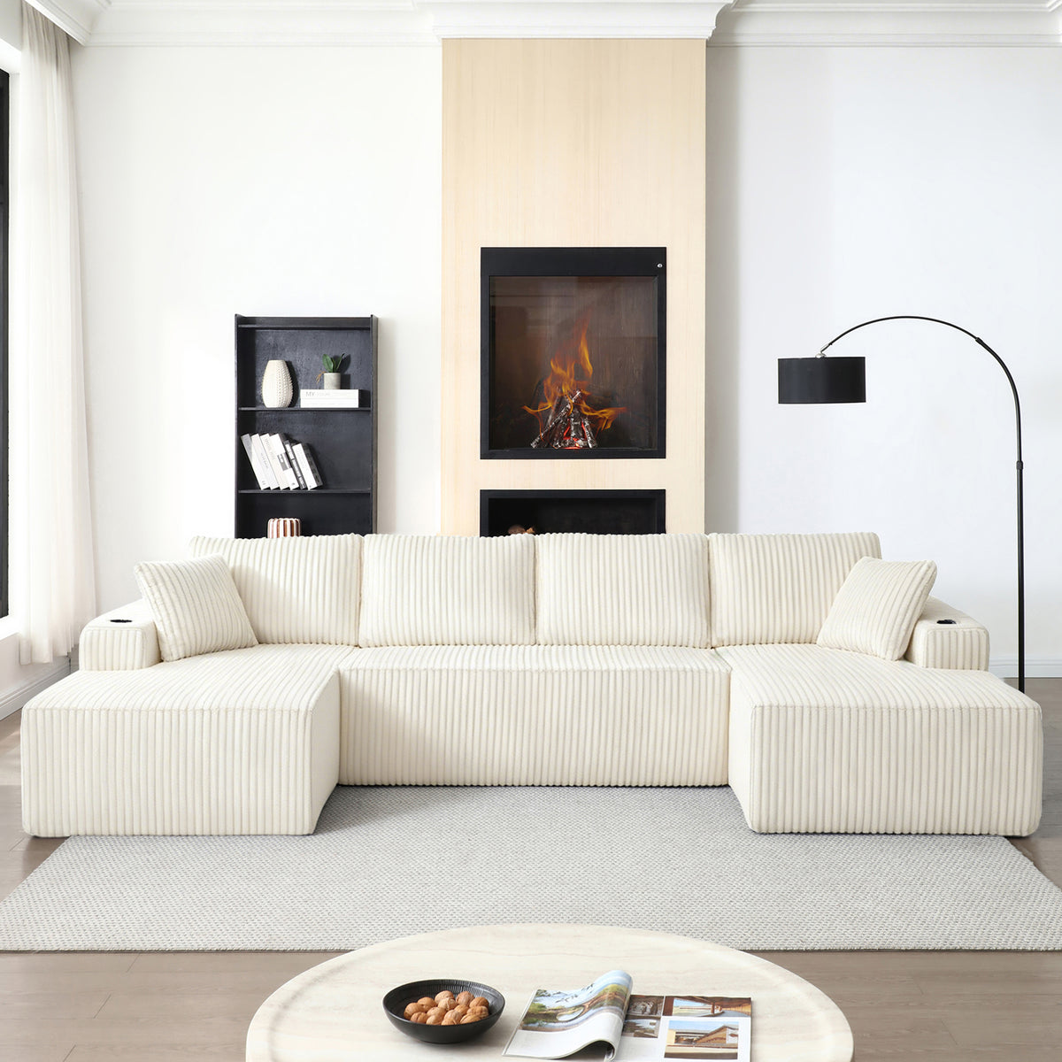 Vanress 132" Oversized Cloud Boneless Sofa Couch, Modern Corduroy U Shaped Modular Sectional Sofa with Deep Seat, Comfy Couch with Cupholders and Storage, for Living Room, No Assembly Required, Black